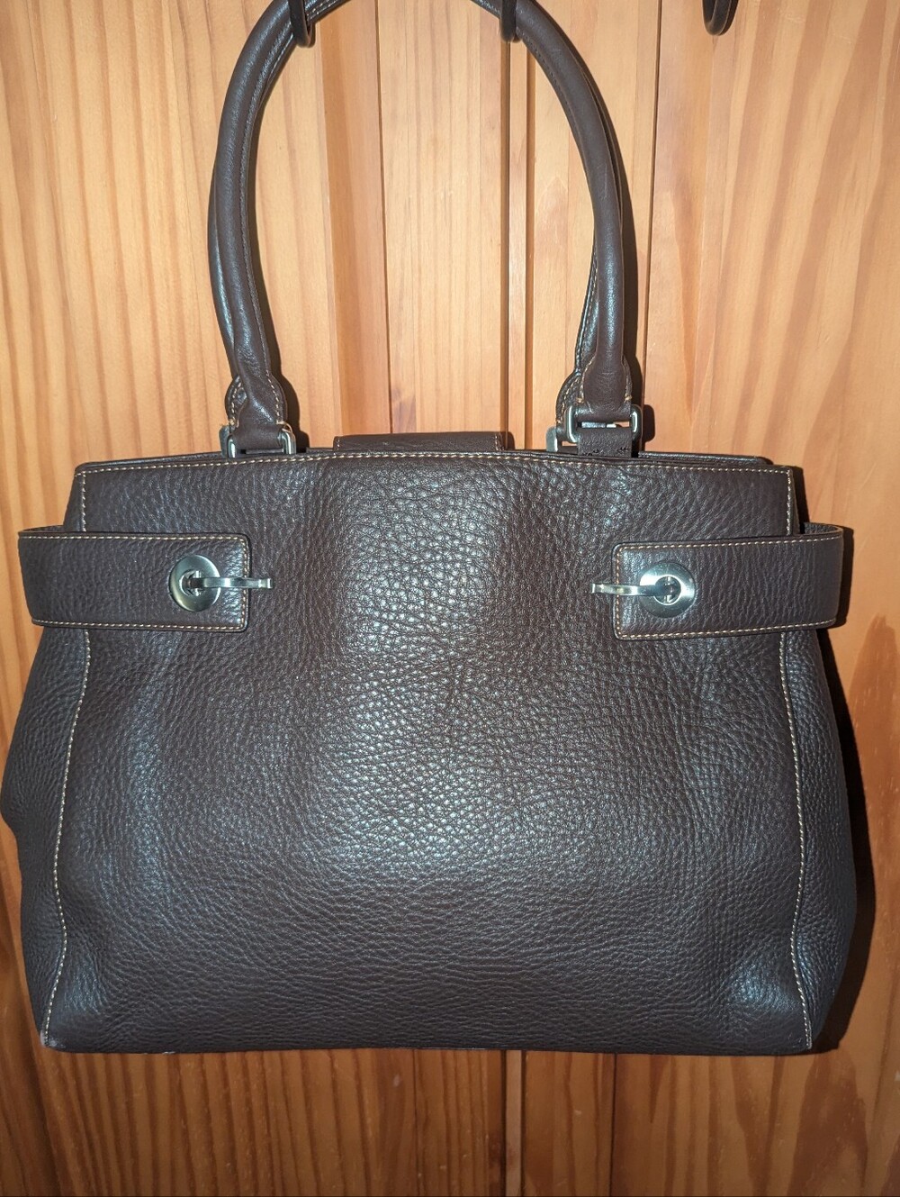 Levenger Dark Brown Textured Leather Tote with Top Handles